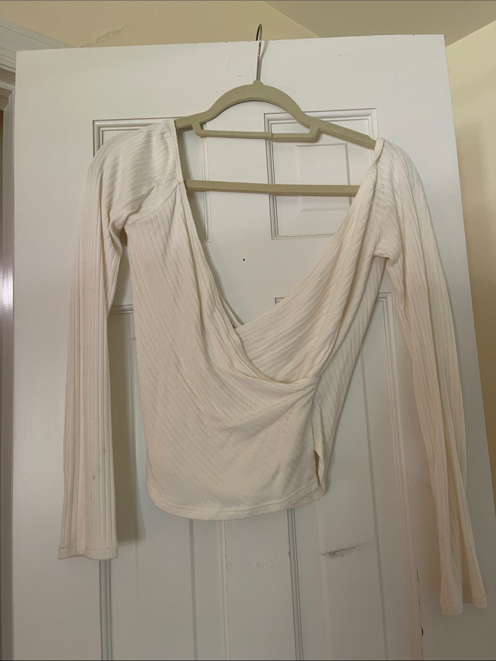 Reformation Cream Ribbed Draped Open-Back Long Sleeve Top